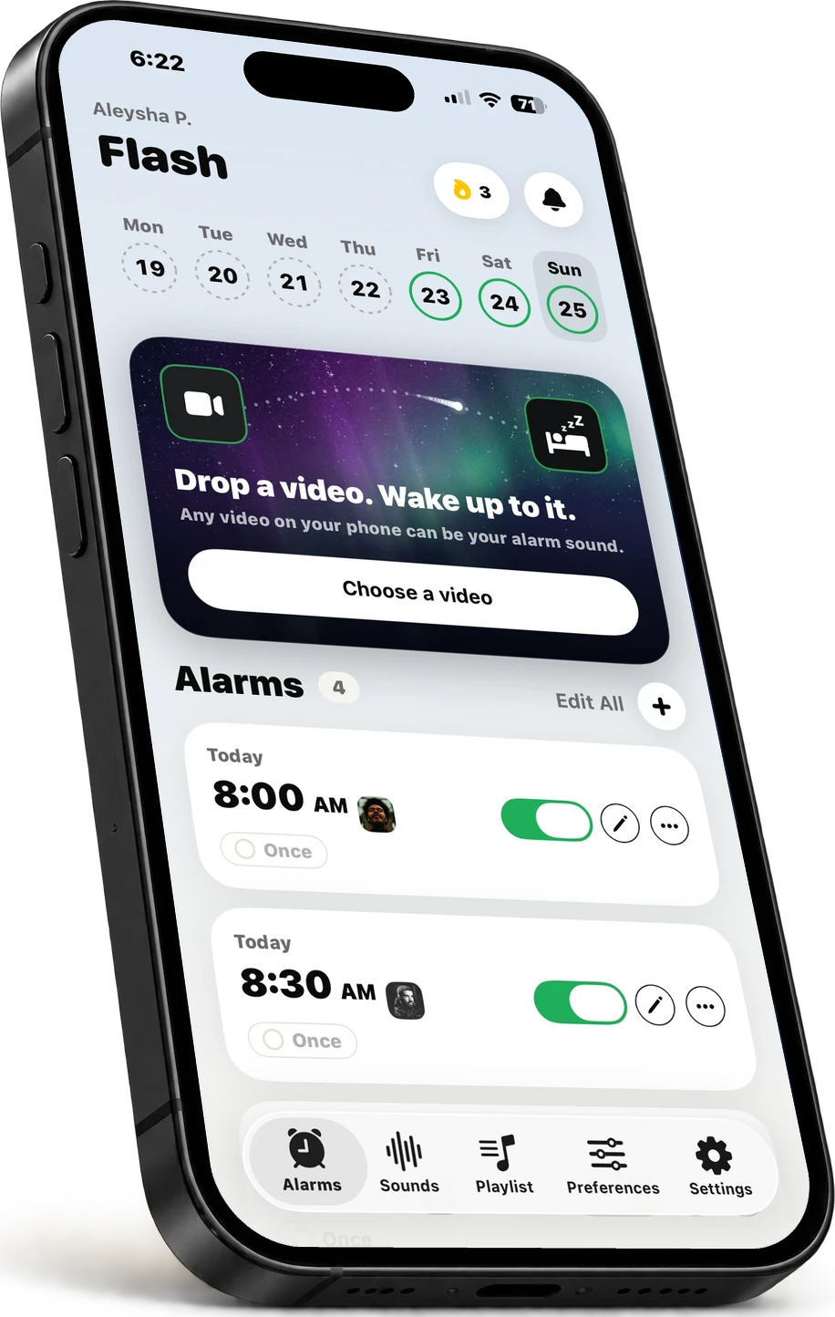 Flash's Home screen on an iPhone: drop a video to wake up to it, above two alarms
