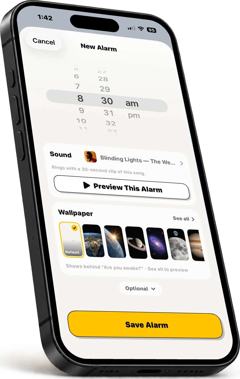 Setting a new alarm in Flash with Blinding Lights as the sound