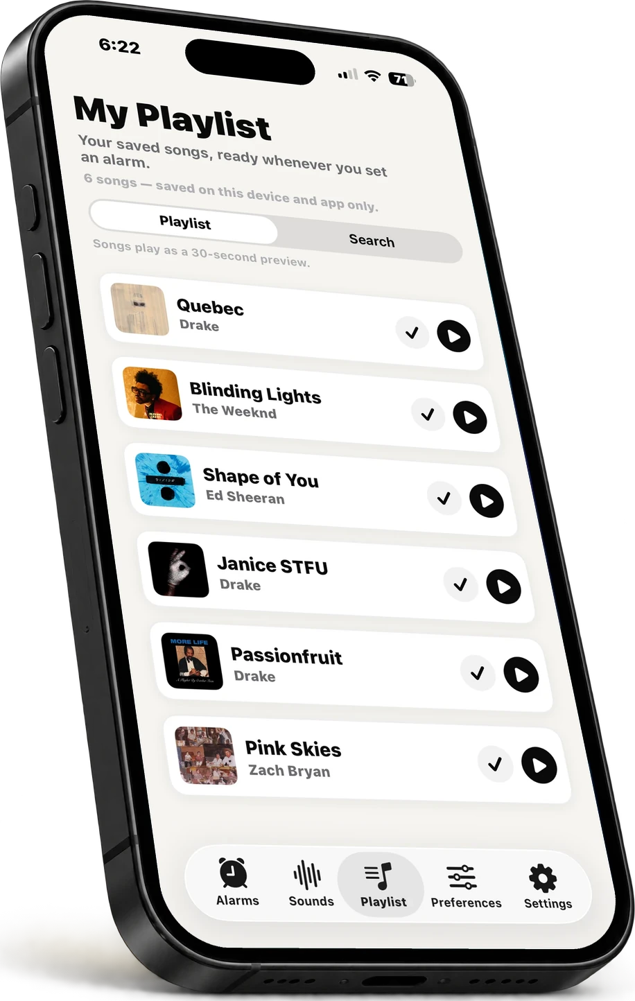 Flash's playlist on an iPhone: songs saved to use as alarm sounds