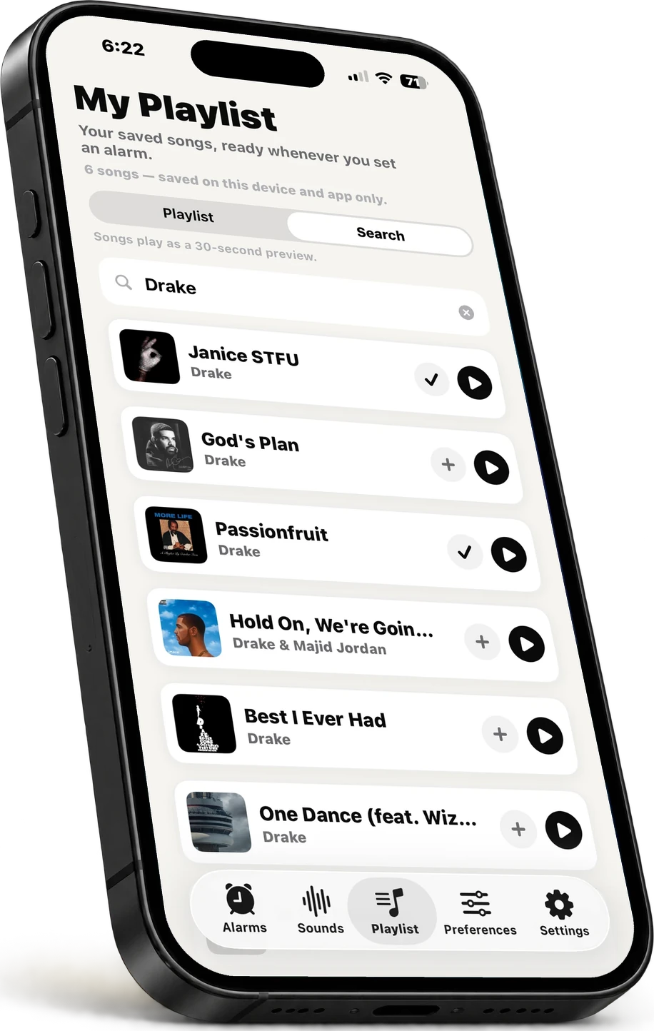Searching songs by Drake in Flash to use as an alarm sound